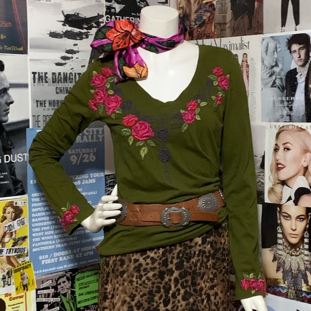 Johnny Was Olive Lng Slv Embroidered Top - Sz M